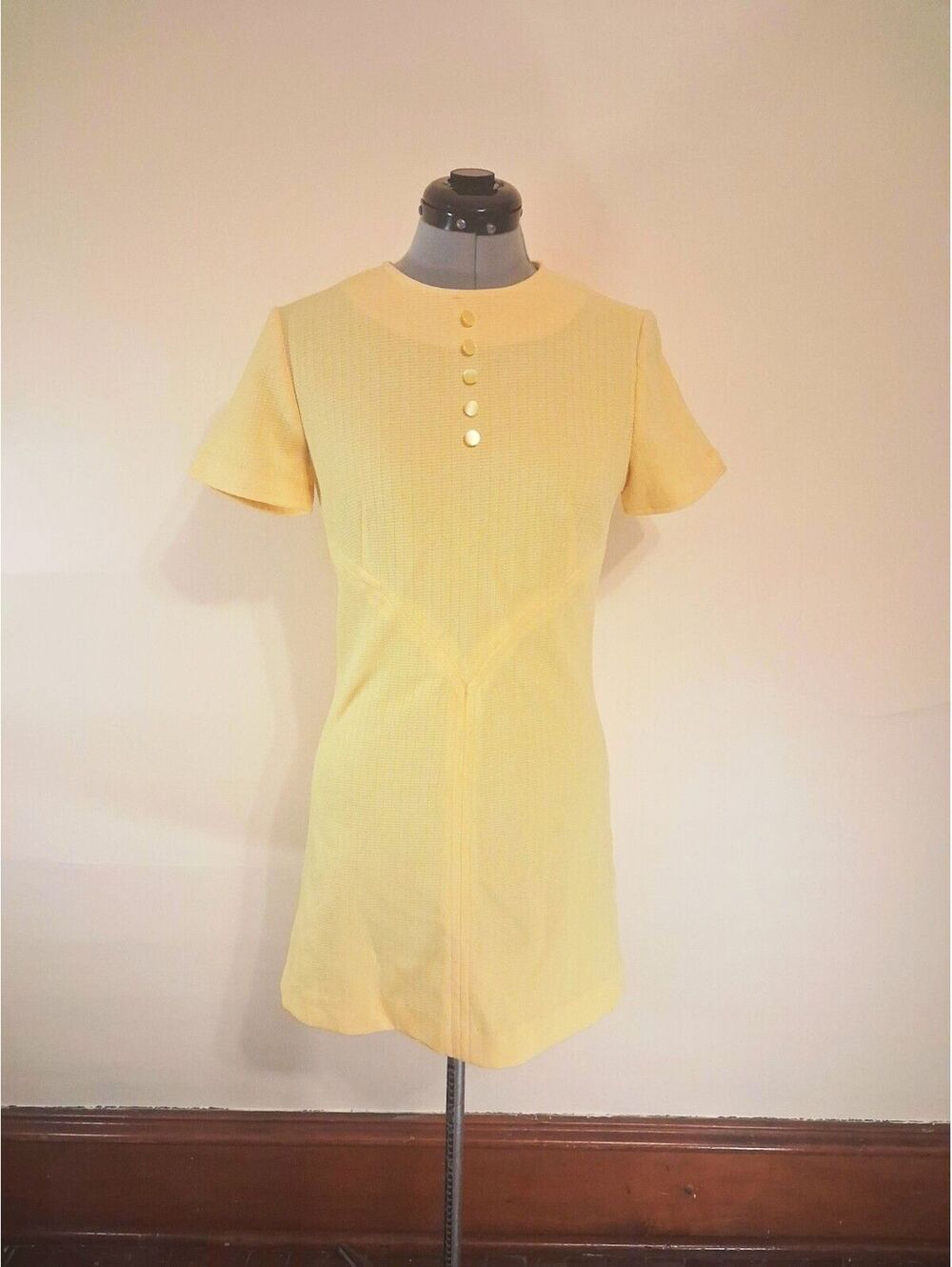 Vintage Mini Dress, Yellow Mod Gogo 1960s Size Medium Retro Disco Skater Dress